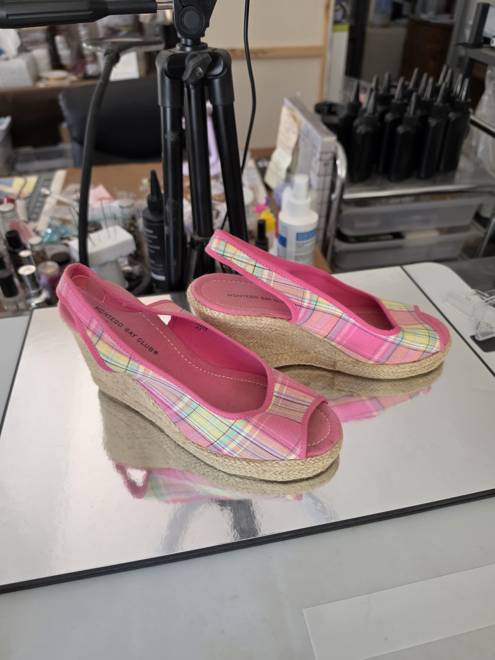 Montego Bay Club Pink Plaid Slingback Espadrille Wedges